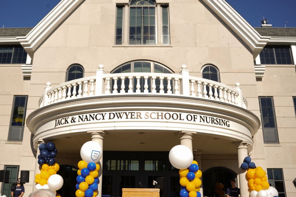 Jack & Nancy Dwyer School Of Nursing signage on the newly renovated Founders Hall.
