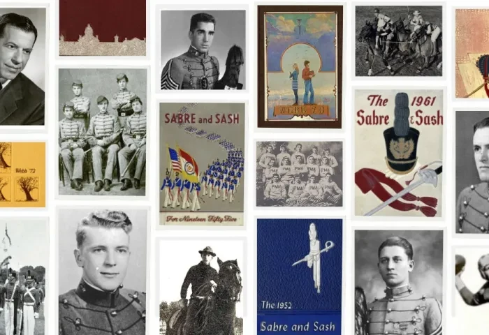 A collage of cadet photos and memorabilia from Pennsylvania Military College.