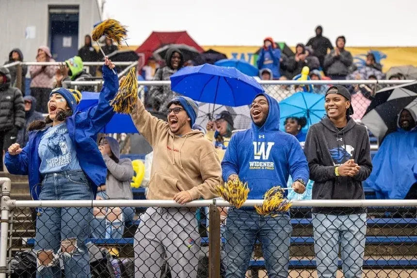 Fans cheer in the stands at homecoming.