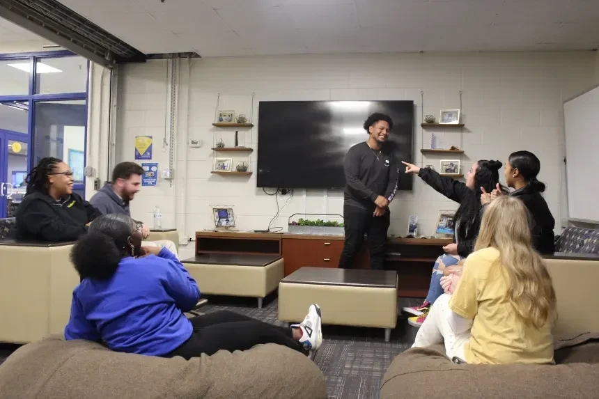 Students hang out in a lounge.