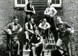pennsylvania military college athletes in 1937 pose on stairs in their uniforms