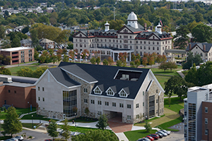 Aerial shot of Widener's campus focused on Old Main and Freedom Hall