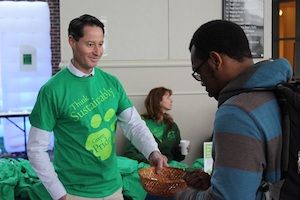 widener staff member wearing green sustainability shirt