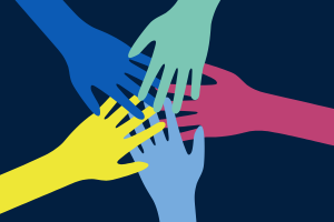 Colorful illustrated hands making a hand stack