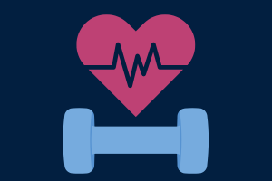 Graphic of heart with waveform above a blue hand weight