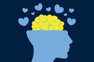 graphic of a brain with hearts around it