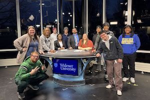 Widener communication students pose in WUTV studio