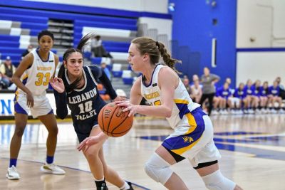Women's basketball player dribbling a ball during a game 