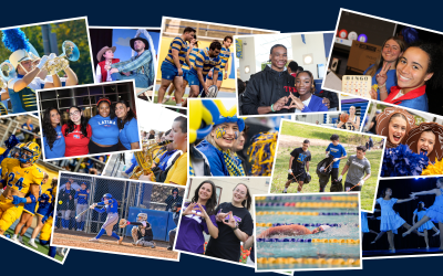 Collage of Widener University students getting involved on campus in different ways, from civic engagement and clubs to sports, fraternities, and sororities.