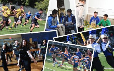 A collage with imagery of students socializing, playing sports, and dancing.