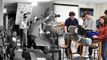 A vintage black-and-white photo of an engineering class in the 1950s morphs into a full-color photo of a modern-day engineering class at Widener