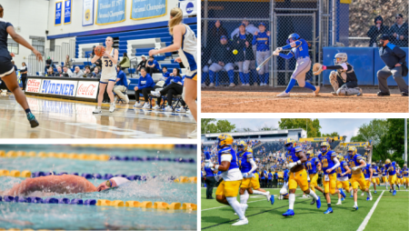 Widener Pride Varsity Sports Athletics Collage featuring widener basketball, softball, swim, and football