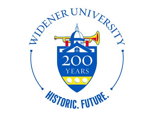 Widener bicentennial logo with "200 years' shield and the words "Widener University / Historic. Future." circled around it