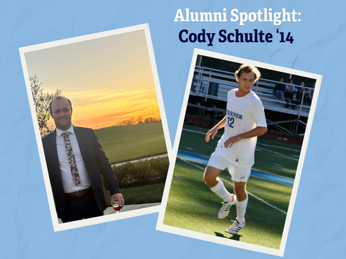 A collage of two photos with the text "Alumni Spotlight: Cody Schulte '14". There is one photo of Cody today, and one of him on the soccer field as a Widener student.