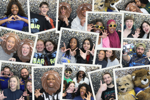 A collage of pictures from a photobooth of Widener faculty, students, staff and mascots