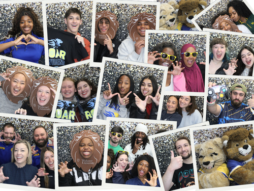 A collage of photobooth photos of Widener students, facaulty, staff and mascots.